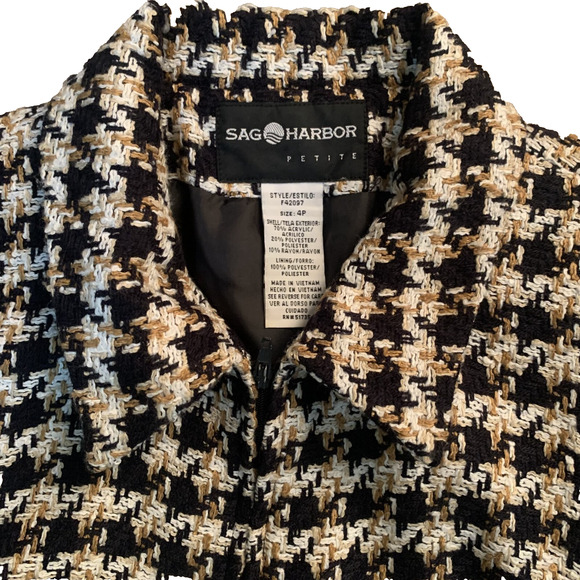 SAG HARBOR WOMEN'S ZIP FRONT LINED BLACK/GOLD/WHITE TWEED BLAZER SIZE 4P-EUC - Picture 2 of 4